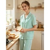 image:imageSWOMOG 100 Cotton Pajamas for Women Set 2PCS ButtonDown Lounge Pjs Short Sleeve Tops and LongPants with PocketSage Greenwhite Stripes