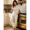 image:imageSWOMOG 100 Cotton Pajamas for Women Set 2PCS ButtonDown Lounge Pjs Short Sleeve Tops and LongPants with PocketSoft Brownwhite Stripes