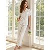 image:imageSWOMOG 100 Cotton Pajamas for Women Set 2PCS ButtonDown Lounge Pjs Short Sleeve Tops and LongPants with PocketSoft Brownwhite Stripes