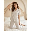 image:imageSWOMOG 100 Cotton Pajamas for Women Set 2PCS ButtonDown Lounge Pjs Short Sleeve Tops and LongPants with PocketSoft Brownwhite Stripes