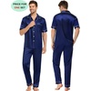 image:imageSWOMOG Couples Pajamas Sets Women amp Men Satin Short Sleeve Sleepwear Button Down Loungewear Pjs Sets with Long PantsNavy Blue
