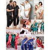 image:imageSWOMOG Couples Pajamas Sets Women amp Men Satin Short Sleeve Sleepwear Button Down Loungewear Pjs Sets with Long PantsSky Blue
