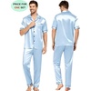 image:imageSWOMOG Couples Pajamas Sets Women amp Men Satin Short Sleeve Sleepwear Button Down Loungewear Pjs Sets with Long PantsSky Blue