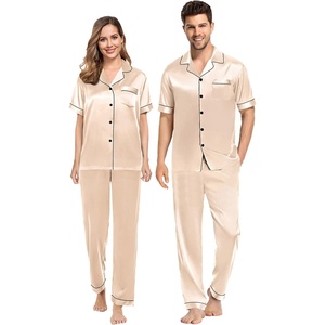 image:imageSWOMOG Couples Pajamas Sets Women amp Men Satin Short Sleeve Sleepwear Button Down Loungewear Pjs Sets with Long PantsChampagne