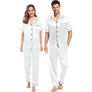 image:imageSWOMOG Couples Pajamas Sets Women amp Men Satin Short Sleeve Sleepwear Button Down Loungewear Pjs Sets with Long PantsWhite