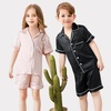 image:imageSWOMOG Unisex Kids Silk Satin Pajamas Sets Girls Boys Pjs Set ButtonDown Sleepwear Short Sleeve Nightwear 2 PieceBlack