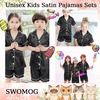 image:imageSWOMOG Unisex Kids Silk Satin Pajamas Sets Girls Boys Pjs Set ButtonDown Sleepwear Short Sleeve Nightwear 2 PieceBlack