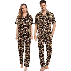 image:imageSWOMOG Couples Pajamas Sets Women amp Men Satin Short Sleeve Sleepwear Button Down Loungewear Pjs Sets with Long Pants Women Leopard Print Medium