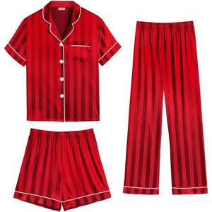 image:imageSWOMOG Womens Silk Satin Pajama Sets 3Pcs Button Down Pj Set Short Sleeve Sleepwear Loungewear Pjs Nightwear XSXXLBlueLarge