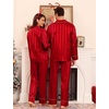 image:imageSWOMOG Family Matching Pajama Set Silk Satin Button Down Sleepwear WomenMenKids Long Sleeve 2 Pcs Pj SetRed Stripe