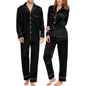 image:imageSWOMOG Family Matching Pajama Set Silk Satin Button Down Sleepwear WomenMenKids Long Sleeve 2 Pcs Pj SetBlack
