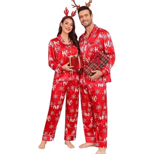 image:imageSWOMOG Family Matching Pajama Set Silk Satin Button Down Sleepwear WomenMenKids Long Sleeve 2 Pcs Pj SetChristmas Red