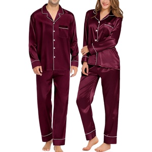 image:imageSWOMOG Family Matching Pajama Set Silk Satin Button Down Sleepwear WomenMenKids Long Sleeve 2 Pcs Pj SetDeep Wine Red