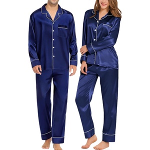image:imageSWOMOG Family Matching Pajama Set Silk Satin Button Down Sleepwear WomenMenKids Long Sleeve 2 Pcs Pj SetNavy Blue