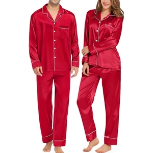 image:imageSWOMOG Family Matching Pajama Set Silk Satin Button Down Sleepwear WomenMenKids Long Sleeve 2 Pcs Pj SetRed