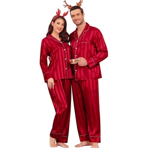 image:imageSWOMOG Family Matching Pajama Set Silk Satin Button Down Sleepwear WomenMenKids Long Sleeve 2 Pcs Pj SetRed Stripe
