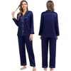 image:imageSWOMOG Family Matching Pajamas Set Silk Satin Button Down Sleepwear Long Sleeve Nightwear 2 Pcs Pj Set SXXLDeep Navy Blue