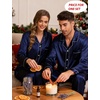 image:imageSWOMOG Family Matching Pajamas Set Silk Satin Button Down Sleepwear Long Sleeve Nightwear 2 Pcs Pj Set SXXLDeep Navy Blue