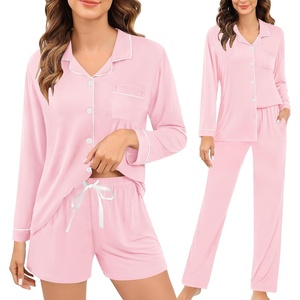 image:imageSWOMOG Womens 3pcs Button Down Pajamas Set Short Sleeve Sleepwear Bride Pj Lounge Set with Long PantsPink