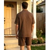 image:imageSWOMOG Mens 100 Cotton Pajama Set 2Pcs Button Down Pjs Set Short Sleeve Sleepwear with Pocket Soft Summer Stripe NightwearCoffee Stripe