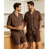 image:imageSWOMOG Mens 100 Cotton Pajama Set 2Pcs Button Down Pjs Set Short Sleeve Sleepwear with Pocket Soft Summer Stripe NightwearCoffee Stripe