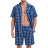 image:imageSWOMOG Mens 100 Cotton Pajama Set 2Pcs Button Down Pjs Set Short Sleeve Sleepwear with Pocket Soft Summer Stripe NightwearBlue Plaid