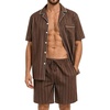 image:imageSWOMOG Mens 100 Cotton Pajama Set 2Pcs Button Down Pjs Set Short Sleeve Sleepwear with Pocket Soft Summer Stripe NightwearCoffee Stripe