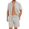 image:imageSWOMOG Mens 100 Cotton Pajama Set 2Pcs Button Down Pjs Set Short Sleeve Sleepwear with Pocket Soft Summer Stripe NightwearKhaki Stripes