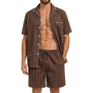 image:imageSWOMOG Mens 100 Cotton Pajama Set 2Pcs Button Down Pjs Set Short Sleeve Sleepwear with Pocket Soft Summer Stripe NightwearCoffee Stripe