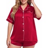 image:imageSWOMOG Womens Plus Size Satin Pajama Set Short Sleeve 2 piece Pj Sets Sleepwear Silk Button Down Loungewear Pjs Shorts SetRed