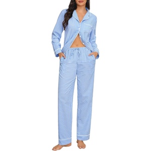 image:imageSWOMOG Womens Cotton Pajama Sets Long Sleeve Button Down Striped Sleep SetBlue Gingham