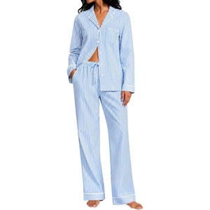 image:imageSWOMOG Womens Cotton Pajama Sets Long Sleeve Button Down Striped Sleep SetBlue Stripe