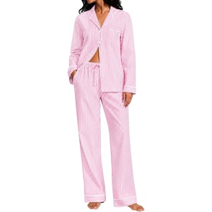 image:imageSWOMOG Womens Cotton Pajama Sets Long Sleeve Button Down Striped Sleep SetPink Stripe