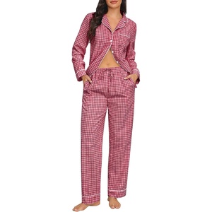 image:imageSWOMOG Womens Cotton Pajama Sets Long Sleeve Button Down Striped Sleep SetRed Gingham