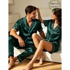 image:imageSWOMOG Matching Pajamas for Couples Satin Short Sleeve Sleepwear WomenMen Silk Soft Button Down Nightwear 2 Pcs LoungewearDark Green