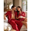 image:imageSWOMOG Matching Pajamas for Couples Satin Short Sleeve Sleepwear WomenMen Silk Soft Button Down Nightwear 2 Pcs LoungewearRed Striped