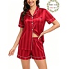 image:imageSWOMOG Matching Pajamas for Couples Satin Short Sleeve Sleepwear WomenMen Silk Soft Button Down Nightwear 2 Pcs LoungewearRed Striped
