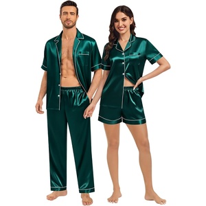 image:imageSWOMOG Matching Pajamas for Couples Satin Short Sleeve Sleepwear WomenMen Silk Soft Button Down Nightwear 2 Pcs LoungewearDark Green