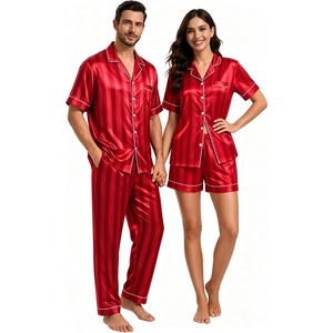 image:imageSWOMOG Matching Pajamas for Couples Satin Short Sleeve Sleepwear WomenMen Silk Soft Button Down Nightwear 2 Pcs LoungewearRed Striped