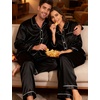 image:imageSWOMOG Couples Satin Pajamas Set 2PCS Pjs Sets Long Sleeve amp Pants Sleepwear Button Down Loungewear with PocketZ  Double Piping  Black