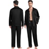 image:imageSWOMOG Couples Satin Pajamas Set 2PCS Pjs Sets Long Sleeve amp Pants Sleepwear Button Down Loungewear with PocketZ  Double Piping  Black