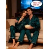 image:imageSWOMOG Couples Satin Pajamas Set 2PCS Pjs Sets Long Sleeve amp Pants Sleepwear Button Down Loungewear with PocketZ  Double Piping  Deep Green