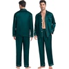 image:imageSWOMOG Couples Satin Pajamas Set 2PCS Pjs Sets Long Sleeve amp Pants Sleepwear Button Down Loungewear with PocketZ  Double Piping  Deep Green