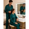 image:imageSWOMOG Couples Satin Pajamas Set 2PCS Pjs Sets Long Sleeve amp Pants Sleepwear Button Down Loungewear with PocketZ  Double Piping  Deep Green