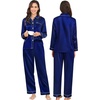 image:imageSWOMOG Couples Satin Pajamas Set 2PCS Pjs Sets Long Sleeve amp Pants Sleepwear Button Down Loungewear with PocketZ  Double Piping  Deep Navy Blue
