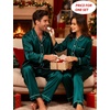 image:imageSWOMOG Couples Satin Pajamas Set 2PCS Pjs Sets Long Sleeve amp Pants Sleepwear Button Down Loungewear with PocketZ  Double Piping  Green