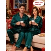 image:imageSWOMOG Couples Satin Pajamas Set 2PCS Pjs Sets Long Sleeve amp Pants Sleepwear Button Down Loungewear with PocketZ  Double Piping  Green