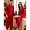 image:imageSWOMOG Couples Satin Pajamas Set 2PCS Pjs Sets Long Sleeve amp Pants Sleepwear Button Down Loungewear with PocketZ  Double Piping  Red