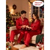 image:imageSWOMOG Couples Satin Pajamas Set 2PCS Pjs Sets Long Sleeve amp Pants Sleepwear Button Down Loungewear with PocketZ  Double Piping  Red