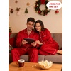 image:imageSWOMOG Couples Satin Pajamas Set 2PCS Pjs Sets Long Sleeve amp Pants Sleepwear Button Down Loungewear with PocketZ  Double Piping  Scarlet Red